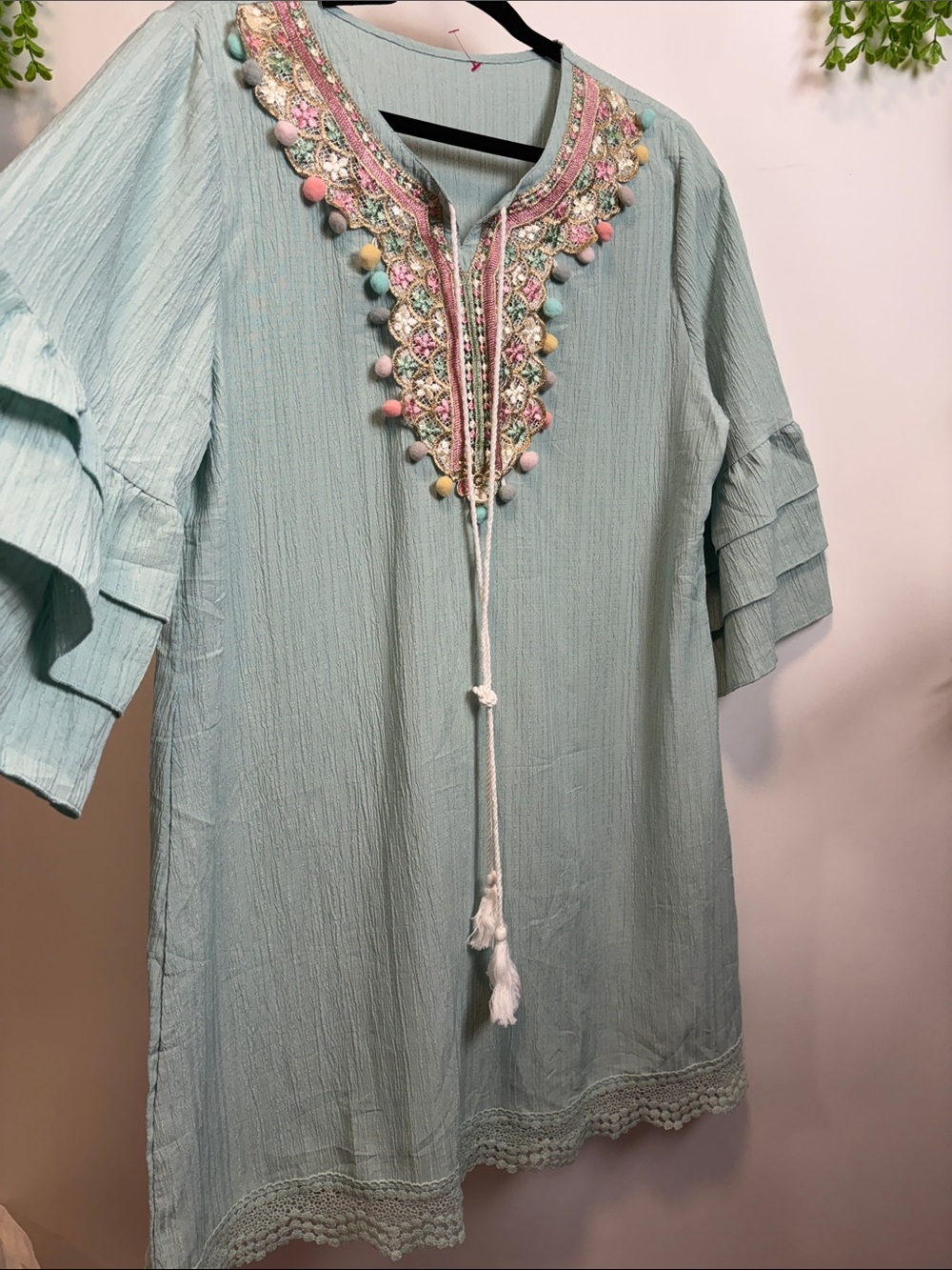 Source Unknown Mint Embroidered Tunic with Pom Detail